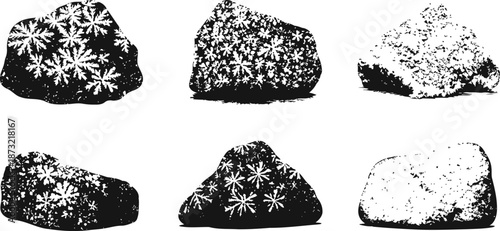 Snowy textured rocks set grunge winter stone silhouettes with frost patterns and speckled surfaces