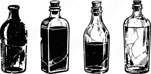 Antique glass bottles set vintage cracked bottle collection with ink line art texture isolated on white background