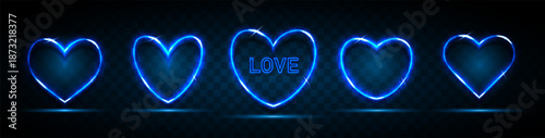 A set of five blue neon heart-shaped neon frames with a place for text on a dark background. Glowing hearts for holiday cards, banners, invitations. Vector EPS 10.