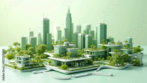 Miniature Green Smart City with Rooftop Gardens, Showcasing Sustainable Architecture, Eco Innovation, and Future-Ready Urban Planning in a Clean Minimalist 3D Visualization