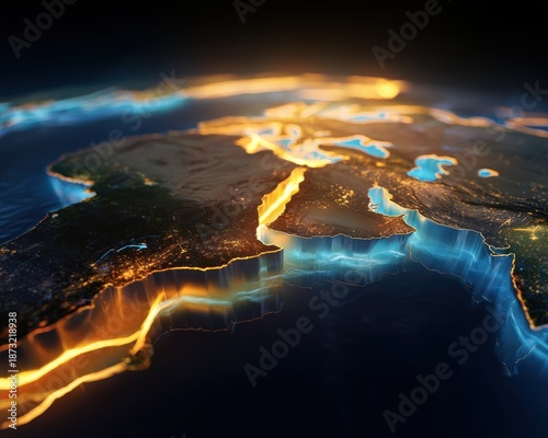 Glowing 3D Satellite Map of Mediterranean and Middle East at Night, Digital Earth Geography Background