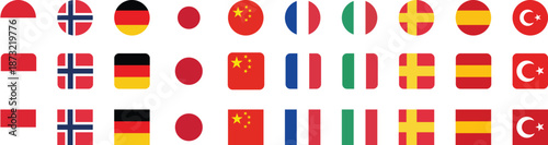 Collection of  national flags icon vector illustration. Norway, Germany, Japan, China, France, Italy, Spain, Turkey, Indonesia flags isolated on white background 