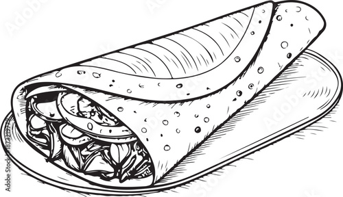Masala dosa South Indian dish Hand-drawn Sketch Drawing Vector Illustration, Line Linear Symbol Engraving Coloring Book, Black and White Isolated