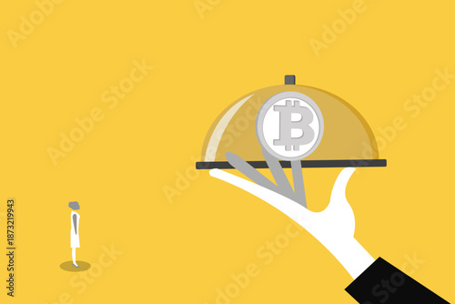 Professional hand serving bitcoin cryptocurrency on a silver platter with cloche to a business woman illustrating financial investment opportunities and wealth management services