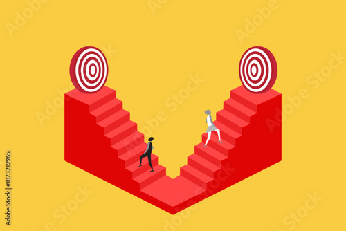 Business objective concept with man and woman climbing red stairs towards target board representing career growth, marketing goals, and professional achievement competition