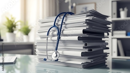 Medical Records Documentation with Stethoscope on Office Desk, Healthcare Administration Concept