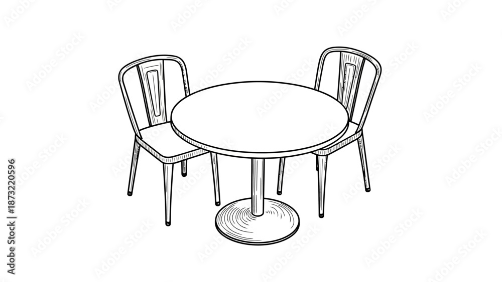 Fototapeta premium Hand Drawn Round Dining Table and Chairs Sketch