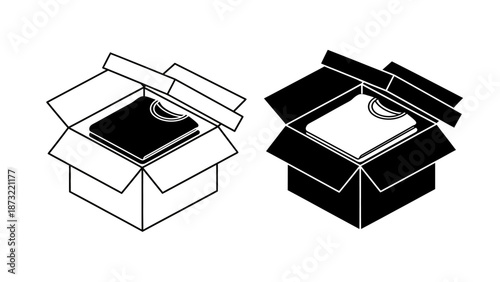 Open Cardboard Box Line Art Icons - Shipping Concept