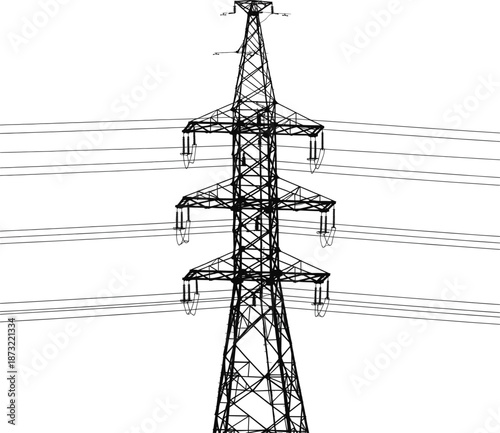Symmetrical high voltage electricity transmission pylon vector illustration with power lines isolated on a clean white background.