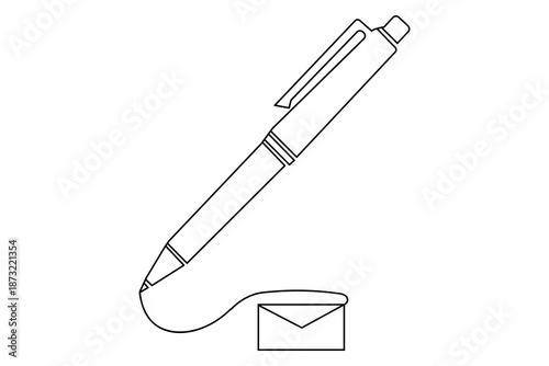 Single line art illustration of a ball pen, some versions including a scribbled line or an envelope. Ideal for business, education, and creative writing themes in a modern outline style