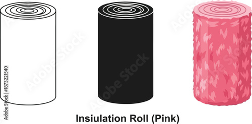 Three insulation rolls including a white outline black solid and pink textured design representing building materials for construction and renovation