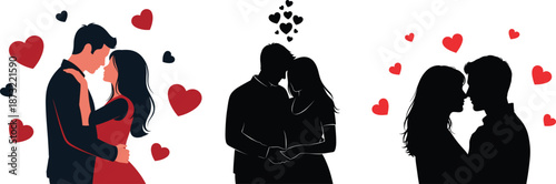 Happy Valentine’s Day Romantic Couple Silhouette Love Hearts Valentine Illustration Set