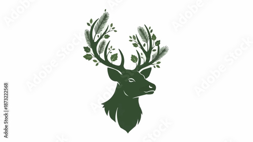Deer Head Silhouette with Antlers Decorated with Green Leaves and Branches.