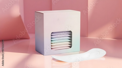 Minimalist Panty Liner Dispenser with Stack of Sanitary Pads, Feminine Hygiene Product Display in Soft Pastel Studio Background