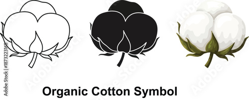 Collection of cotton symbols including outline silhouette and realistic illustration for organic product labeling and textile design