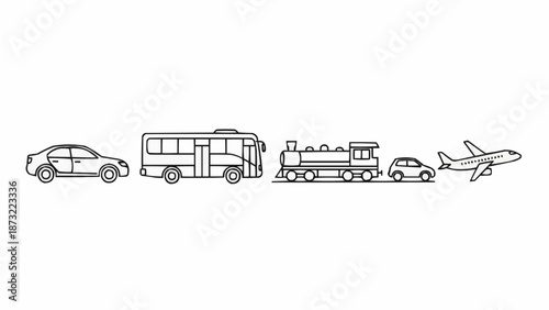 Diverse Transportation Vehicles Labeled Line Art Collection.