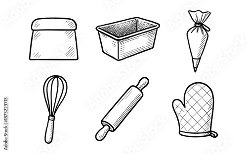 Hand-drawn baking tools collection including whisk, rolling pin, piping bag, loaf pan, and oven mitt