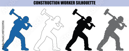 Industrial Tiler Silhouette Icons Set Cutting Ceramic Floor Tiles for Professional Installation