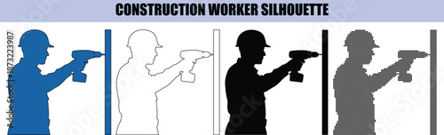 Construction Laborer Silhouette Set Pushing Heavy Loaded Wheelbarrow at Building Site