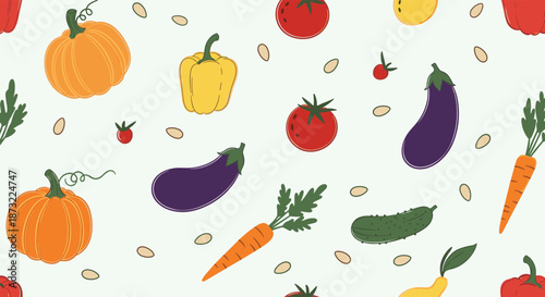 Seamless pattern of various healthy autumn vegetables including pumpkins, carrots, eggplants, tomatoes, and peppers.