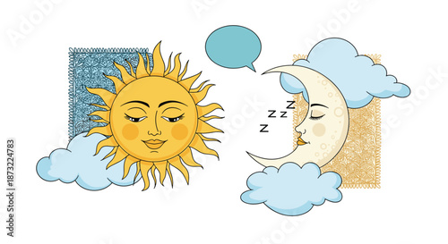 Whimsical illustration of personified sun and crescent moon characters among clouds with a speech bubble on blue backdrop.