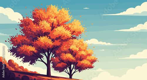 Beautiful autumn landscape illustration featuring two large trees with vibrant orange and yellow foliage against clouds.