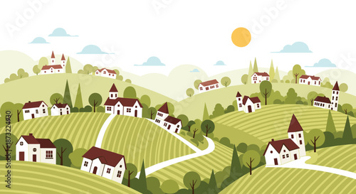 Charming landscape illustration of a small village with white houses and red roofs scattered across rolling green hills.