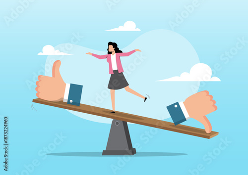 Businesswoman Balancing on Seesaw Between Thumbs Up and Thumbs Down