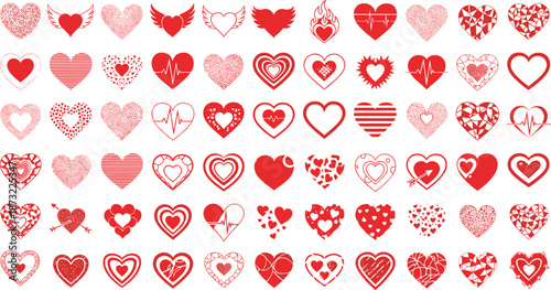 Red Heart Shapes Icons and Symbols Set for Valentines Day Wedding Romance and Love Projects CAD Drawing Flat Vector Illustration