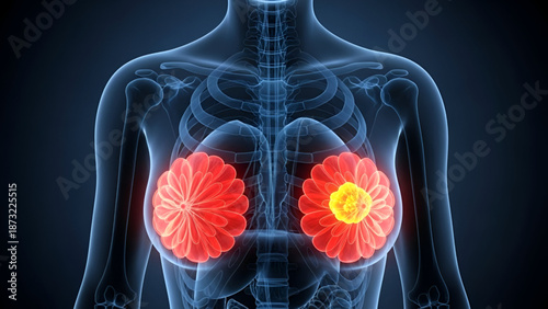 Breast cancer medical illustration showing female anatomy with glowing tumor inside chest for healthcare diagnosis screening research and modern hospital treatment use