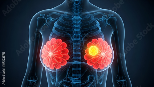 Breast cancer medical illustration showing female anatomy with glowing tumor inside chest for healthcare diagnosis screening research and modern hospital treatment use