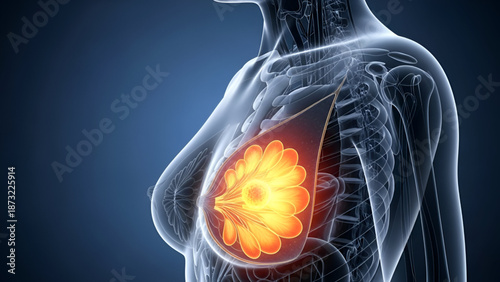 Breast cancer medical illustration showing glowing tumor inside female chest with transparent anatomy for healthcare diagnosis treatment research and modern clinic use