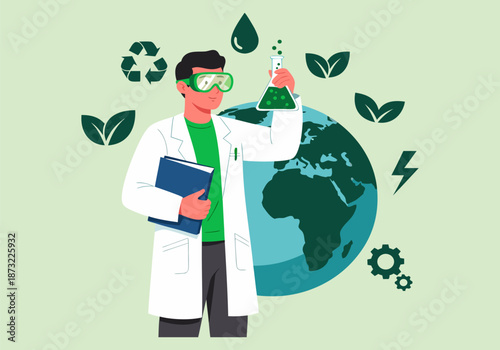 Scientist holding test tube with green liquid in front of globe surrounded by environmental icons