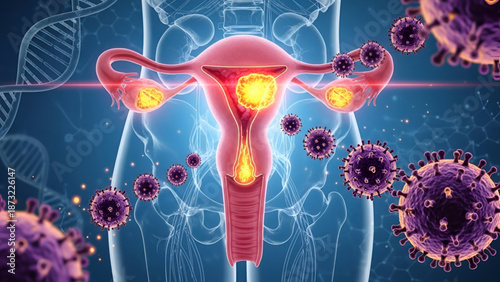 Uterus cancer medical illustration showing glowing tumor inside female reproductive system with cells for healthcare diagnosis treatment research and modern clinical science