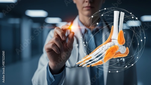 Doctor interacts with a holographic 3d model of a human foot skeleton in a medical setting.
