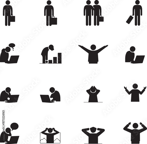 Silhouette Icons of Business People Showing Various Emotions and Activities Keywords: silhouette, icon, business, people, man, woman, laptop, computer, work, stress, frustration, success