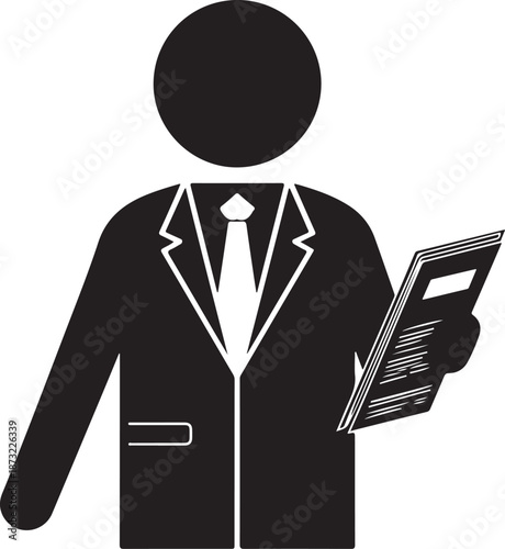 Silhouette of a person in a suit holding a document or magazine Keywords: person, silhouette, suit, tie, document, magazine, reading, information, business, professional, male, figure, isolated