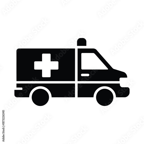Simple black and white illustration of an ambulance vehicle with a cross symbol