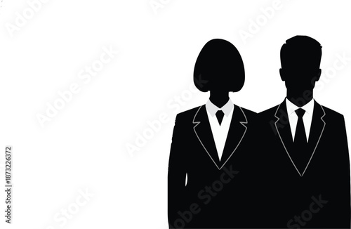 Silhouettes of a man and woman in business suits standing side by side Keywords: business, couple, man, woman, silhouettes, suits, ties, professional, partnership, corporate, team, together