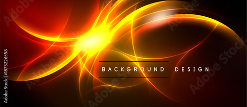 Bright orange energy swirls, radiating light. Bold design features text background design centered within glowing curves. Dark backdrop enhances visual impact.