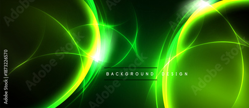 Abstract green neon lines form flowing curves. Dark background enhances vibrant glow, creating dynamic visual effect. Background design element.