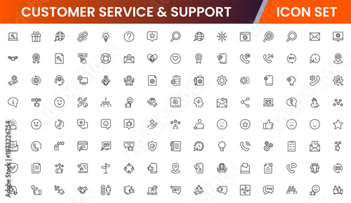 Customer service icons depicting support, assistance, communication, call centers, help desks, satisfaction, feedback, solutions, responsiveness.