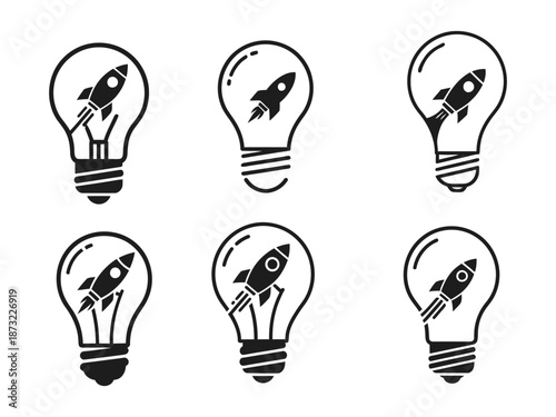 Lightbulb with a rocket taking off inside it Icon line art vector illustration