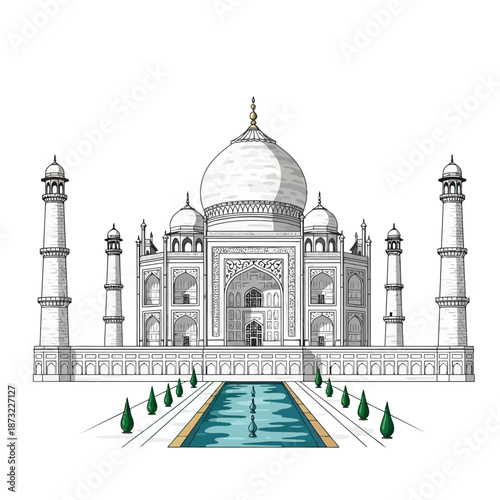The Taj Mahal stands majestically in Agra with reflecting pool and fountains.