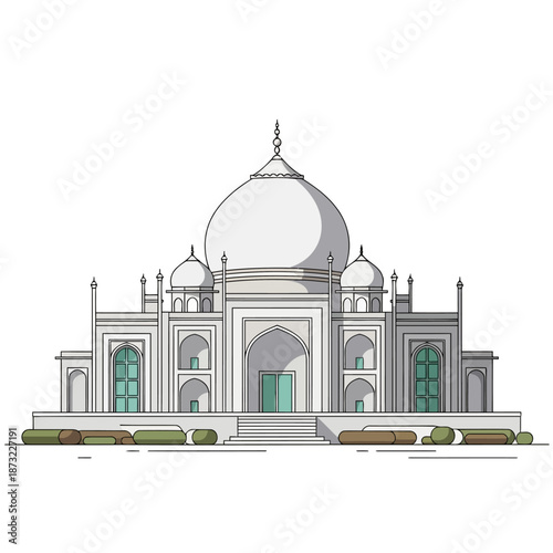 Illustration of Taj Mahal Architecture in Gray with Green Windows and Domes