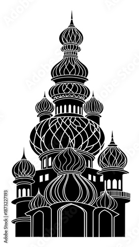 An illustration depicts a large building with many domes standing tall.