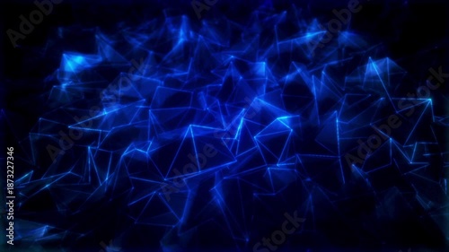 An abstract blue surface that glows with neon light, consisting of many triangles.