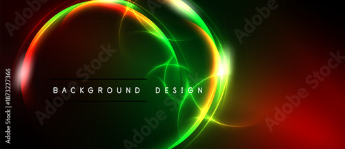 Abstract neon lights create vibrant circular design. Dark background emphasizes glowing red, green elements. Modern visual composition.