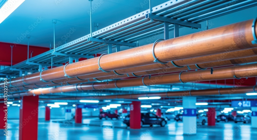 Obraz premium Underground Parking Facility with Infrastructure Pipelines, Illuminated by Fluorescent Lights and Red Support Columns
