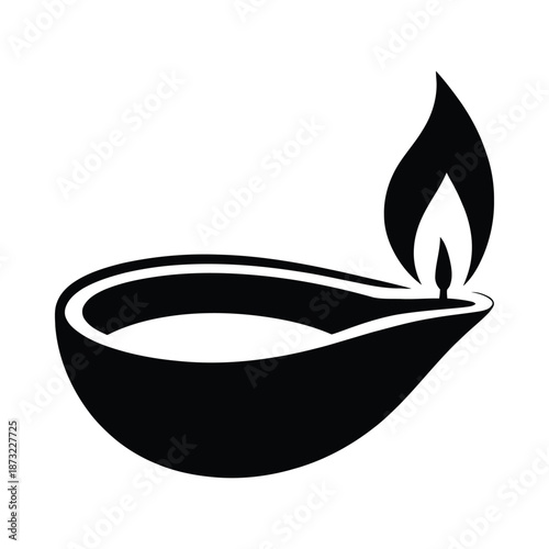 A simple black and white illustration of a traditional oil lamp with a flame